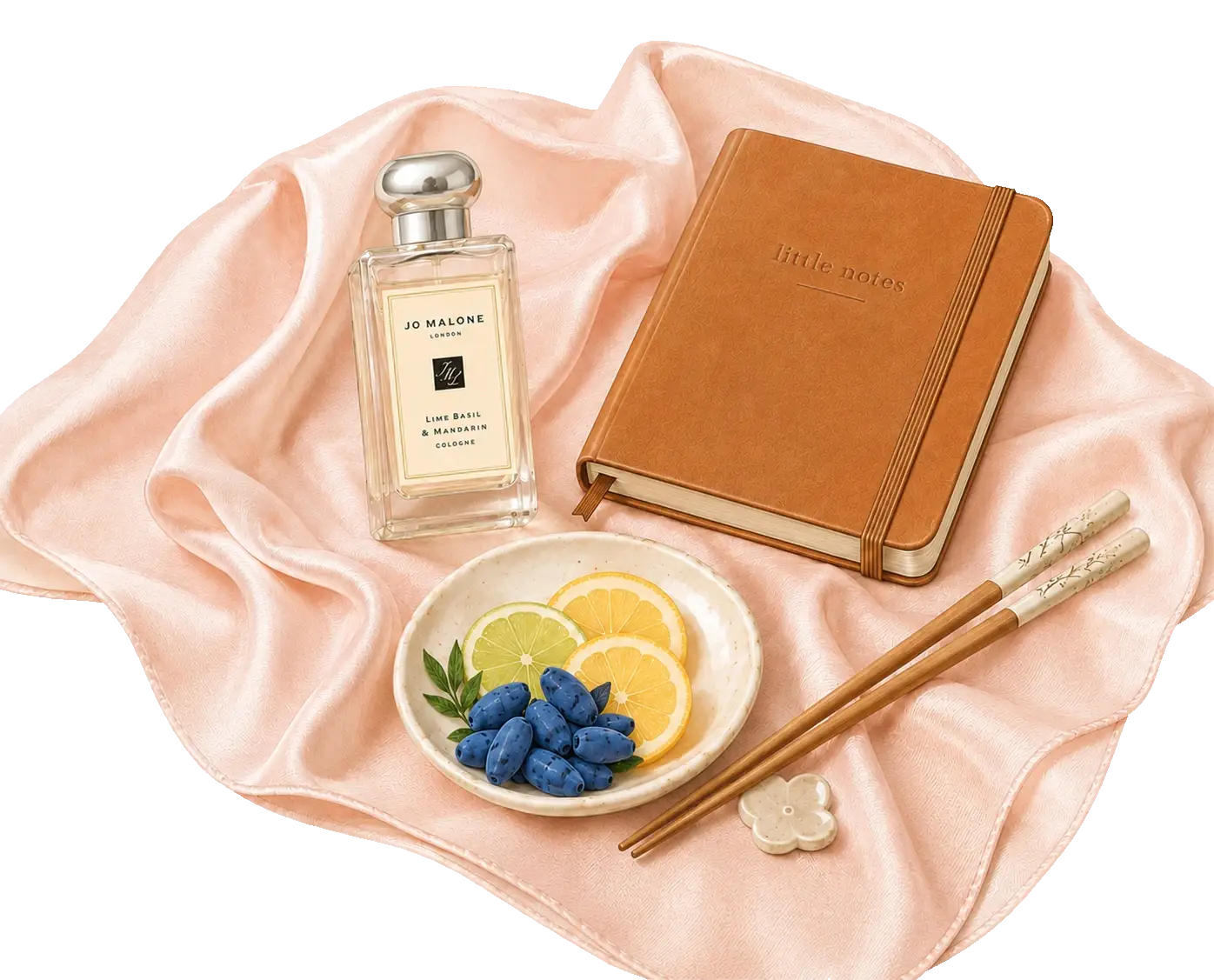 Curated lifestyle still life with a silk scarf, perfume bottle, notebook, honeyberries, lemon slices, and chopsticks for Honey Bento
