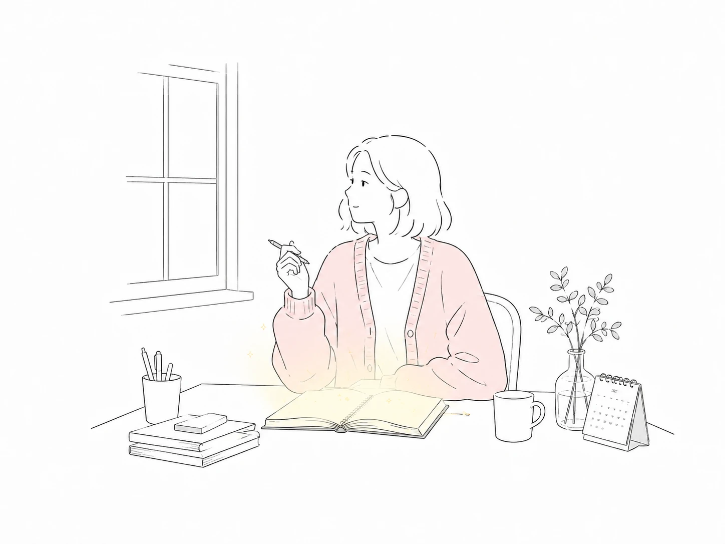 Minimal illustration of a girl writing in a glowing notebook for the Behind Honey Bento section