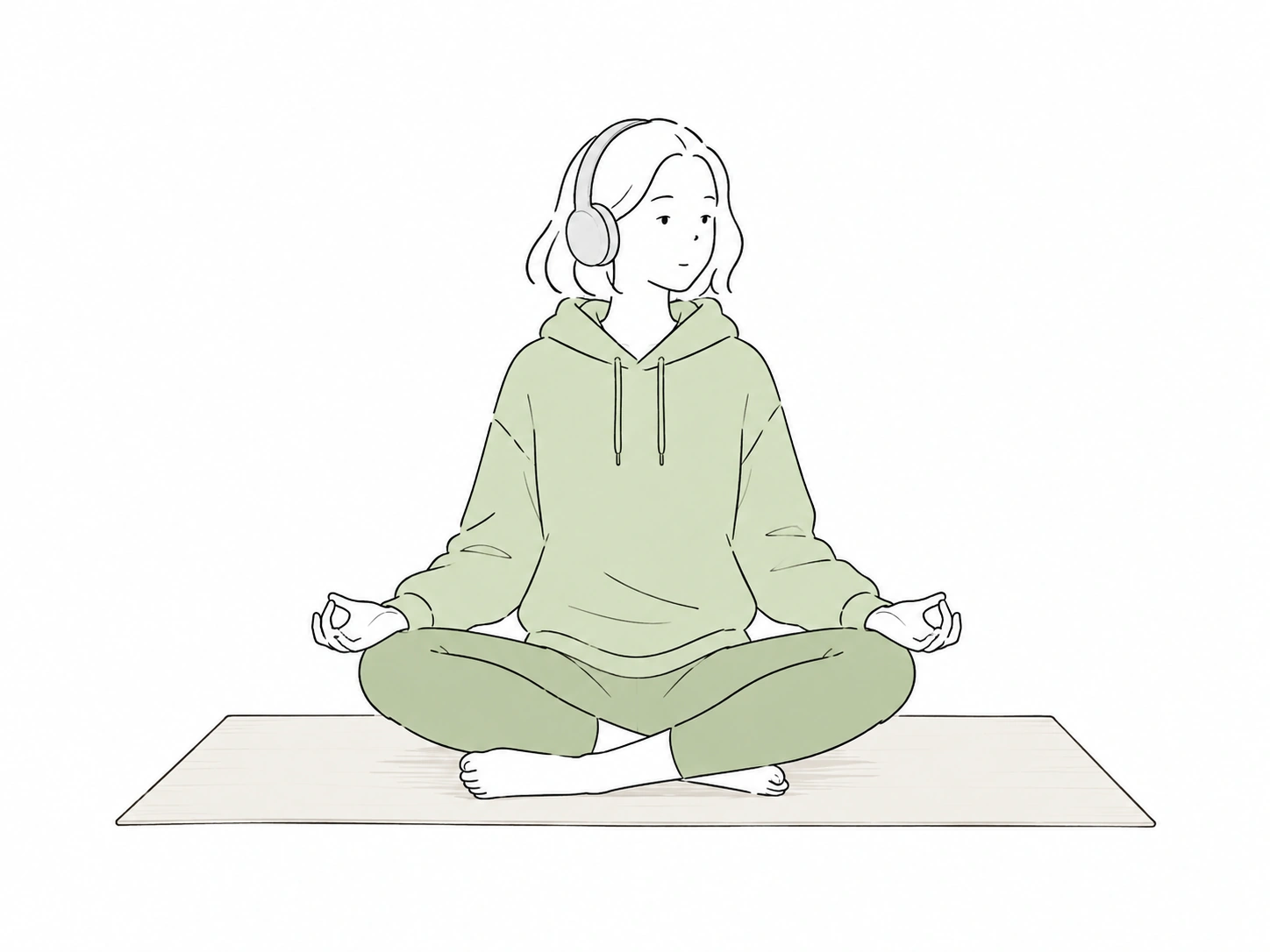 Minimal illustration of a girl meditating on a yoga mat with headphones for Honey Bento Health and Wellness category