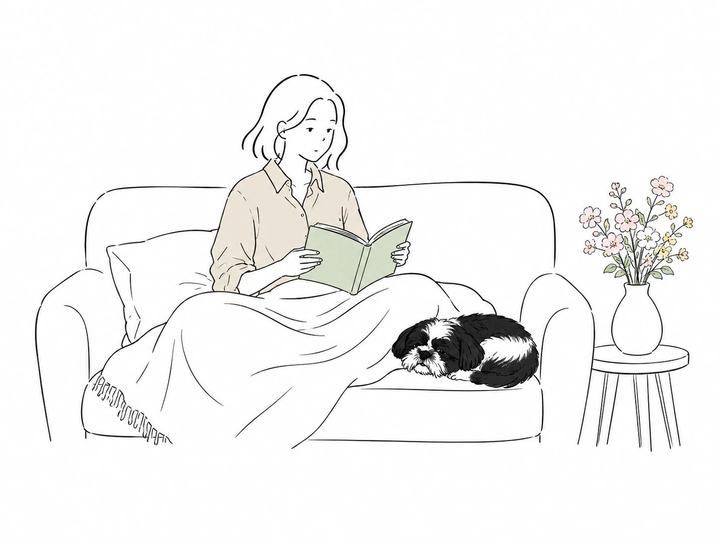 Minimal illustration of a girl reading on a sofa with a Shih Tzu dog and flowers for Honey Bento Home and Garden category