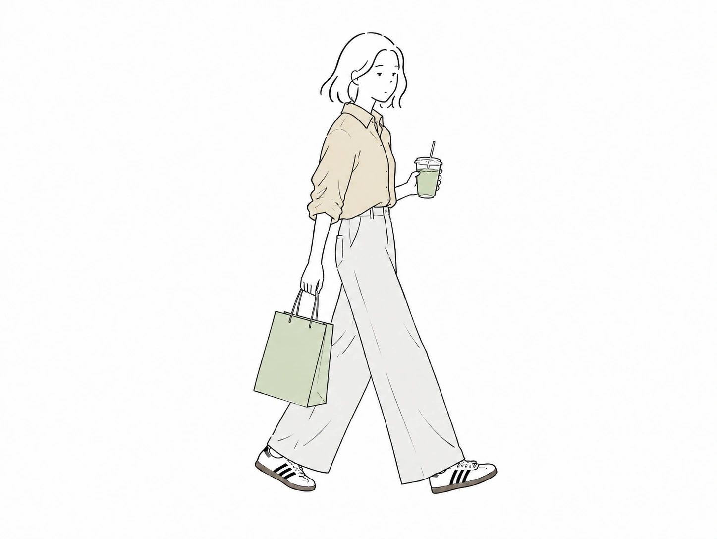 Minimal illustration of a girl walking with a matcha drink and shopping bag for Honey Bento lifestyle category