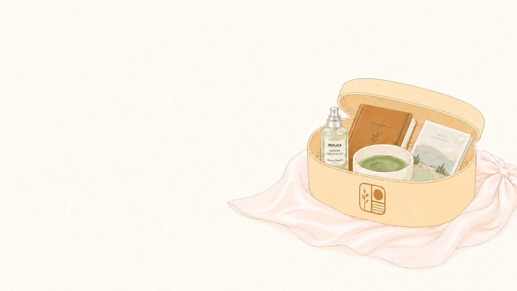 Open pastel bento box with a notebook, matcha bowl, perfume bottle, and postcard for Honey Bento lifestyle blog