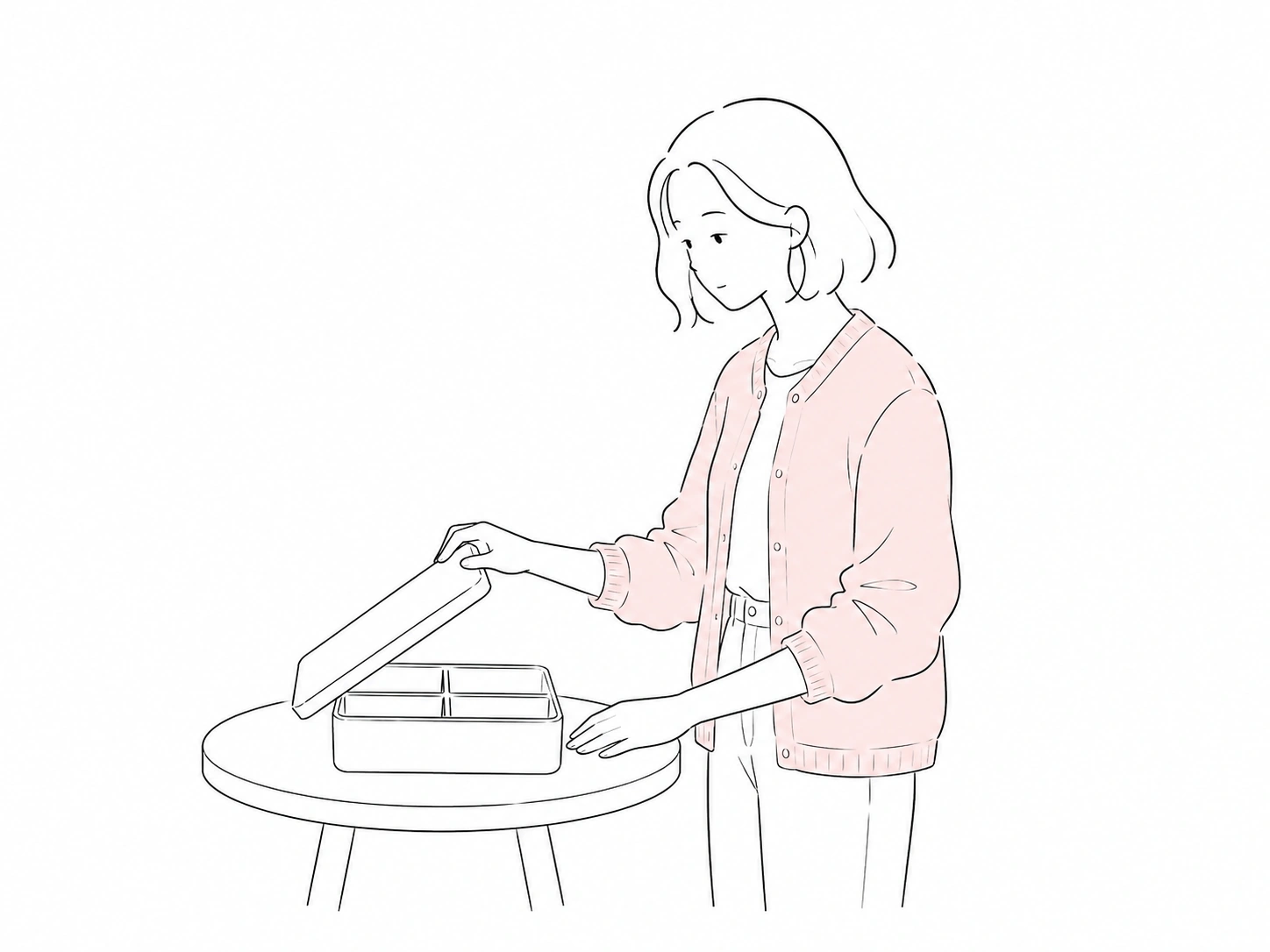 Minimal hand-drawn illustration of a girl in a pink cardigan opening a bento box for Honey Bento
