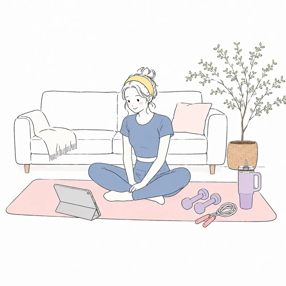 Illustration of a cozy daily routine with a woman sitting on a pink exercise mat in a calm living room