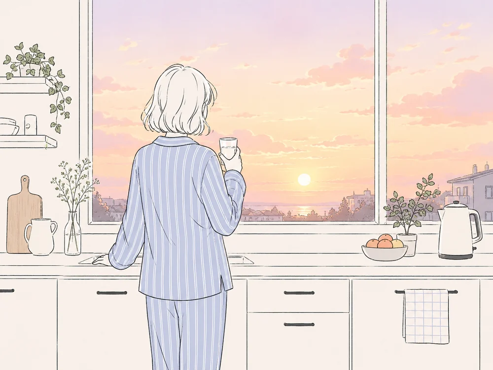 Illustration of a cozy daily routine with a woman in blue striped pajamas standing in a kitchen and looking at the sunrise