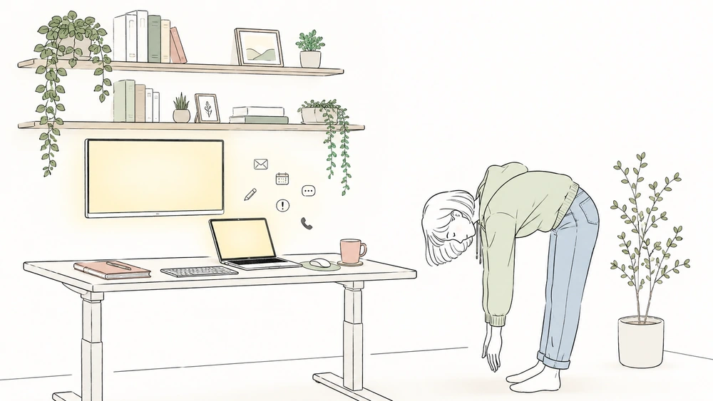 Illustration of a cozy daily routine with a woman stretching beside a standing desk during a midday reset