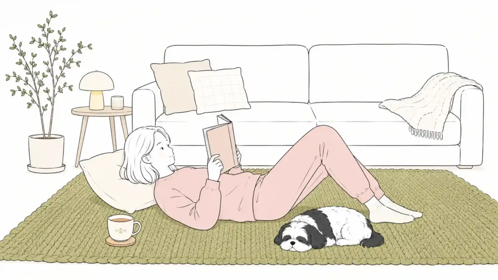 Illustration of a cozy evening routine with a woman reading on a knitted rug beside tea and a sleeping Shih Tzu