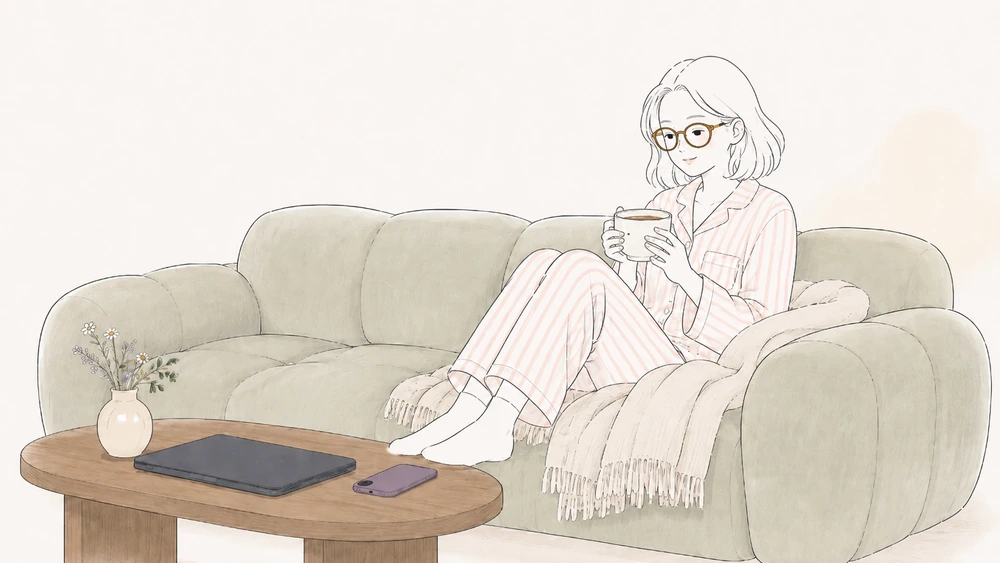 Illustration of a woman in pajamas and glasses relaxing on a sofa with tea after putting her work laptop away.