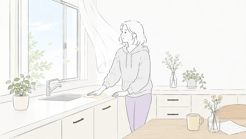 Illustration of a woman tidying a bright kitchen beside an open window with a light curtain.