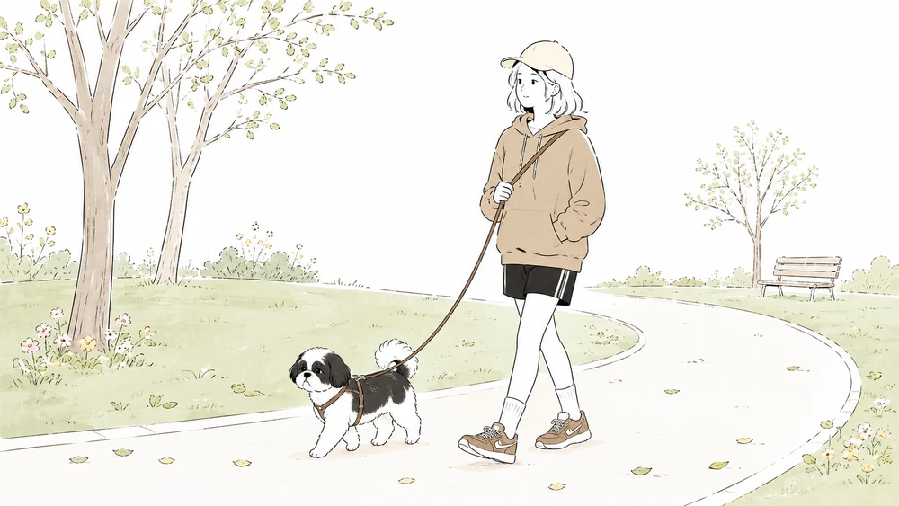 Illustration of a woman taking a quiet park walk with a small black-and-white Shih Tzu.