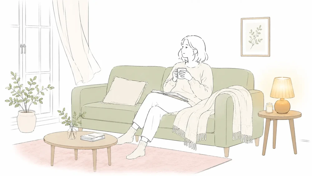 Illustration of a woman relaxing in a cozy home with soft lighting, a plant, and a blanket.