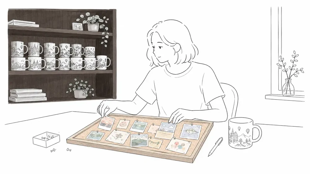 Illustration of a woman arranging photographs and postcards on a cork board beside a few travel mugs.