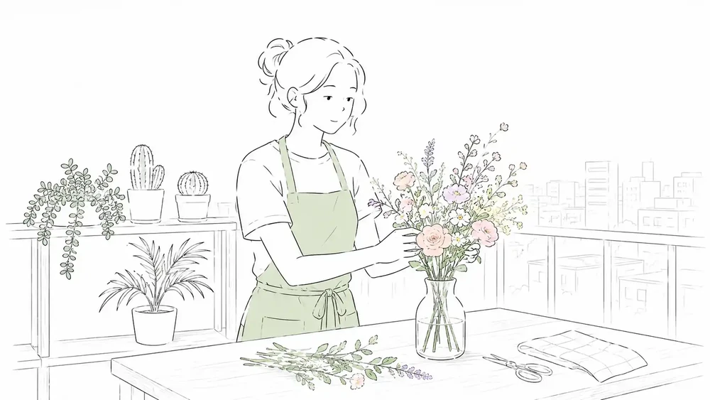 Illustration of a woman arranging seasonal flowers beside a succulent, cactus, and small potted palm.