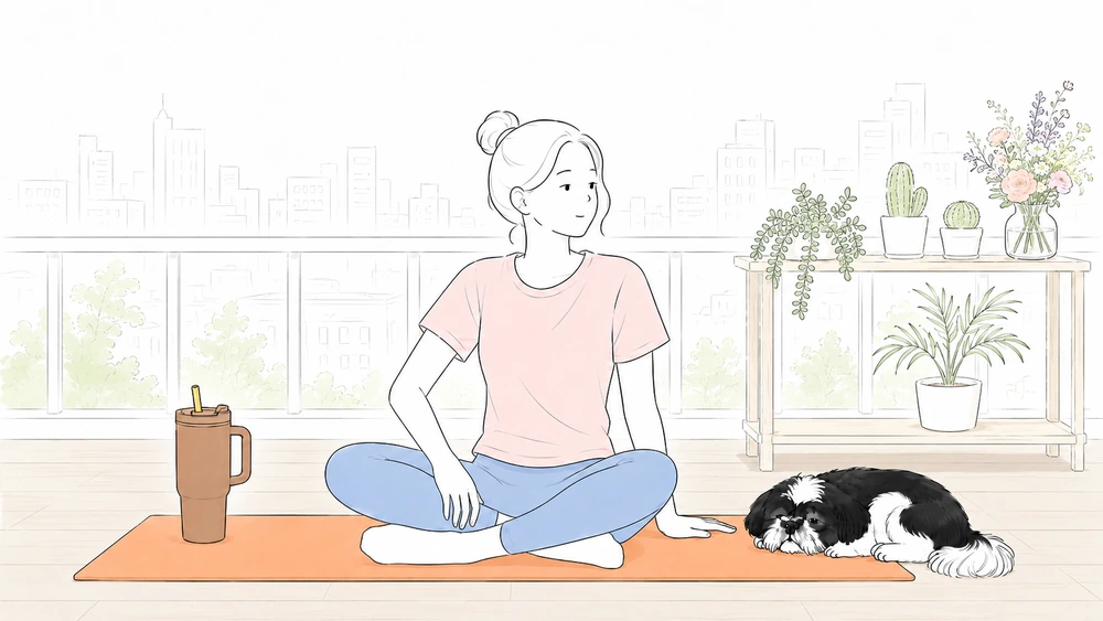 Illustration of a woman resting on an exercise mat with water and a small black-and-white Shih Tzu after gentle stretching.