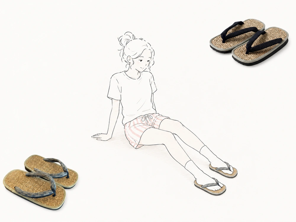 Mixed-media image of a woman wearing setta beside two photographed pairs of woven Japanese setta.