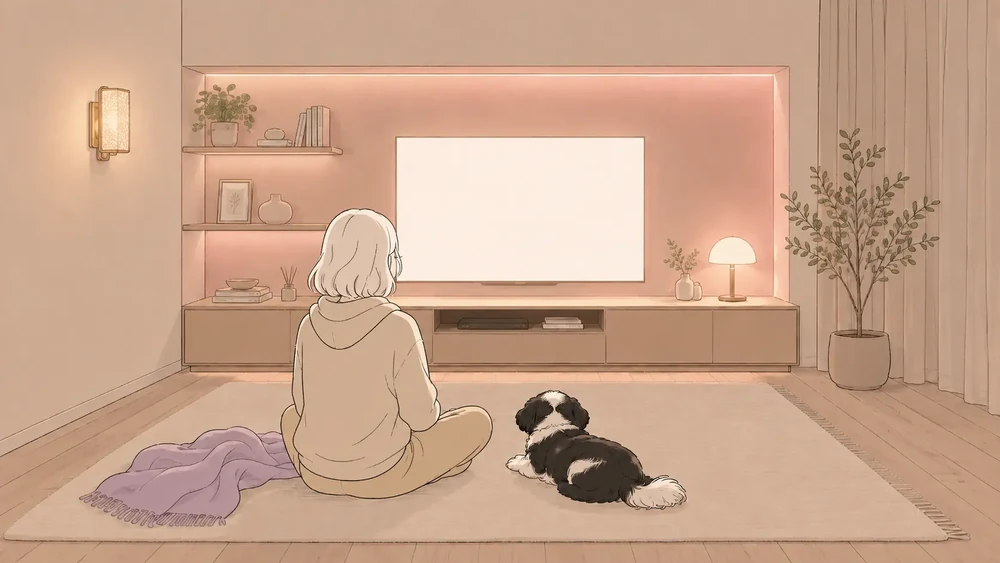 Illustration of a woman relaxing in a living room with a warm wall light and soft pink lighting near the TV.