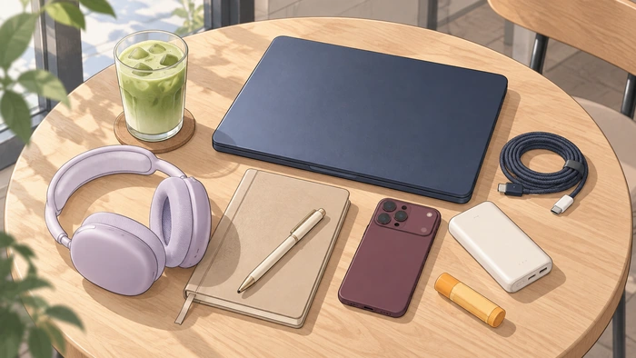 Cafe work essentials including a dark blue laptop, headphones, notebook, phone, charger, power bank, lip balm, and iced matcha.