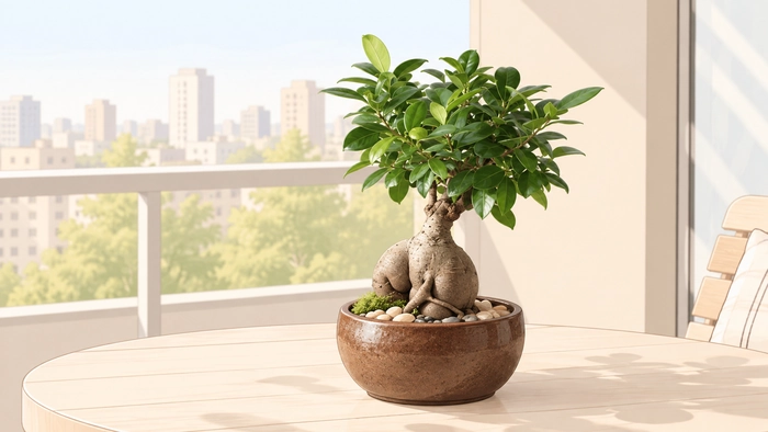 Ficus ginseng bonsai in a rounded brown pot with decorative stones on a balcony table.