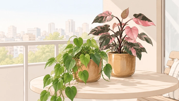 Heartleaf and Pink Princess philodendrons in honey ceramic pots on a light balcony table.