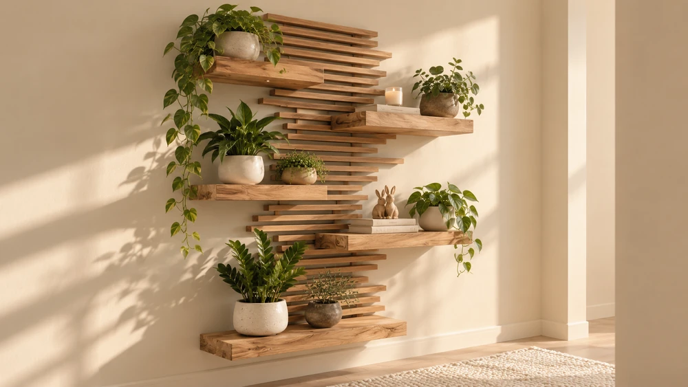 Layered wooden plant shelves with books and decor in a softly styled Japandi hallway.