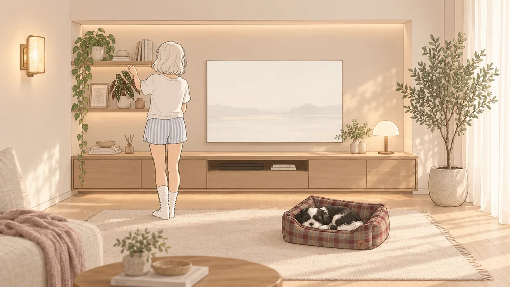 Woman tending Japandi plants in a warm minimal living room with her dog nearby.