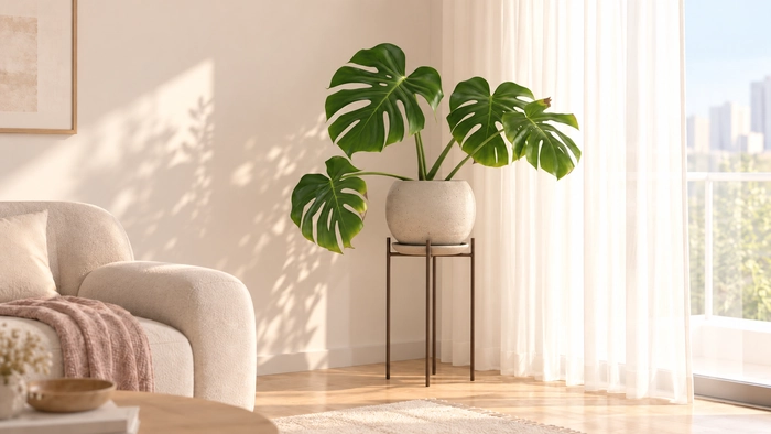 Monstera deliciosa in a neutral pot on a dark brown stand beside a bright window.