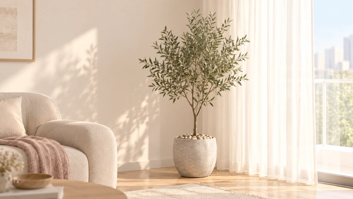 Olive tree in a light grey stone pot beside a bright window with sheer curtains.
