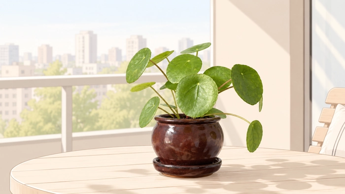 Pilea peperomioides in a glossy ceramic pot on a light balcony table.
