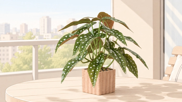 Polka dot begonia in a pastel brick-orange pot on a light balcony table.