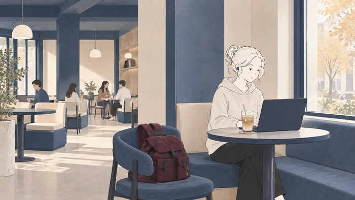 Illustration of a woman working quietly in a cafe corner beside a window with a laptop and iced latte.