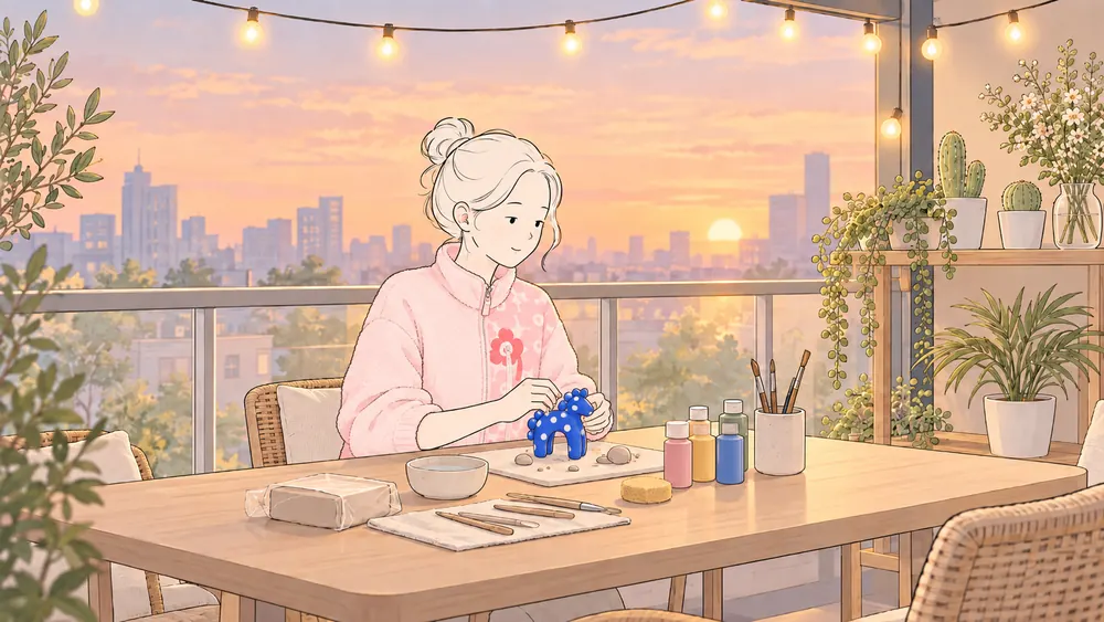 Illustration of a woman making a small clay figure on a balcony at sunset with craft supplies and warm string lights.
