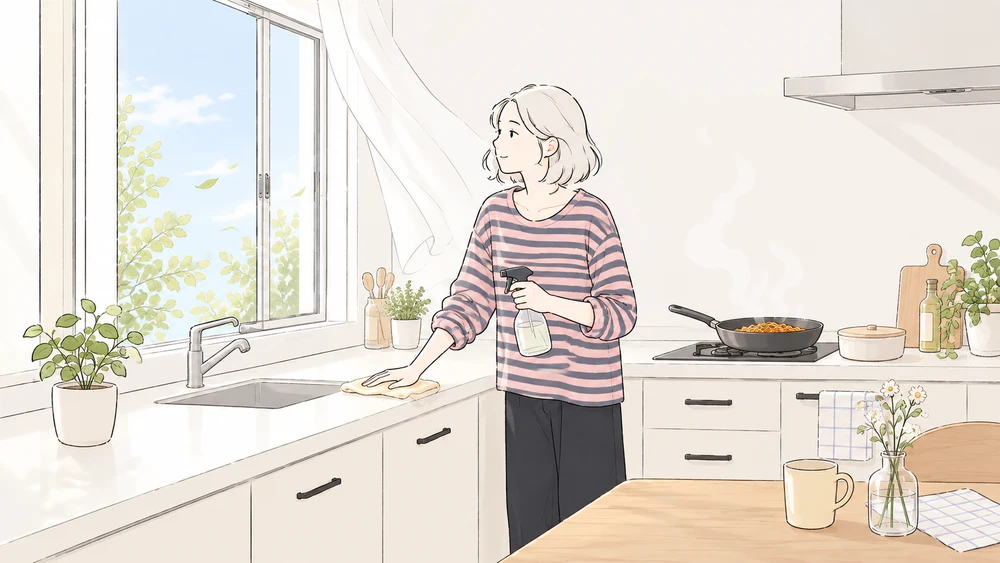 Illustration of a woman airing and cleaning her kitchen after cooking a strongly aromatic meal.