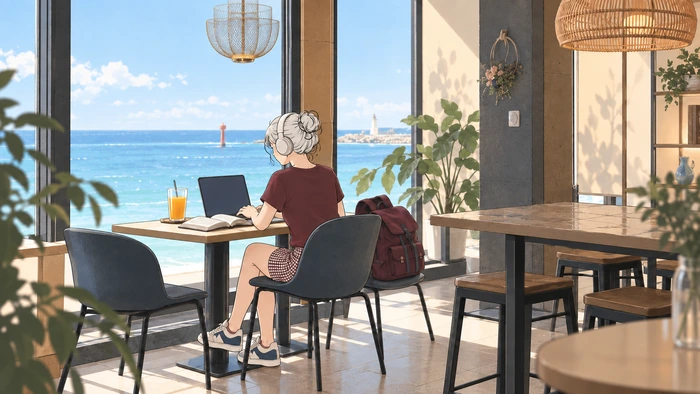 Illustration of a woman working in a cool shaded cafe corner with a laptop, headphones, orange juice, and an open book on a bright summer day.