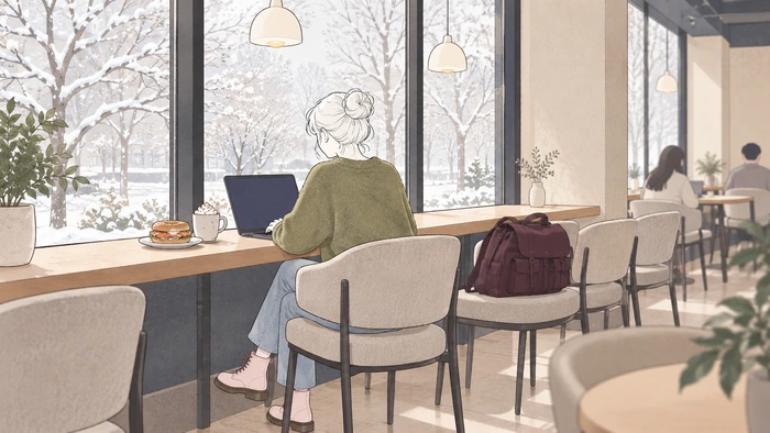 Illustration of a woman working beside a large cafe window in soft winter daylight with a laptop, coffee, and bagel.