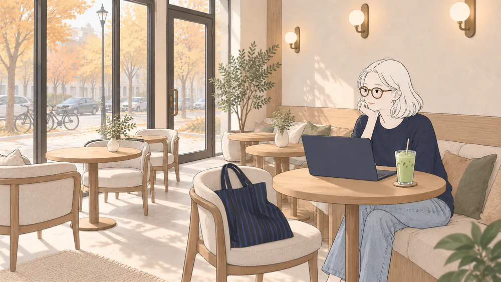 Illustration of a woman working from a cafe beside a window with a laptop, rounded table, and drink.