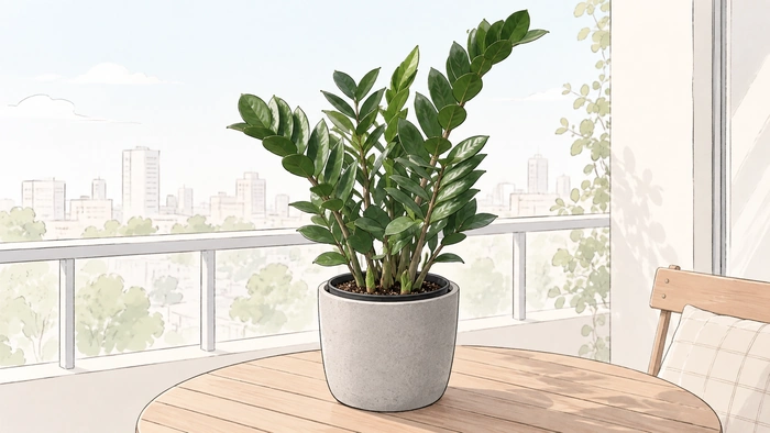 ZZ plant in a grey stone pot on a softly styled balcony table.