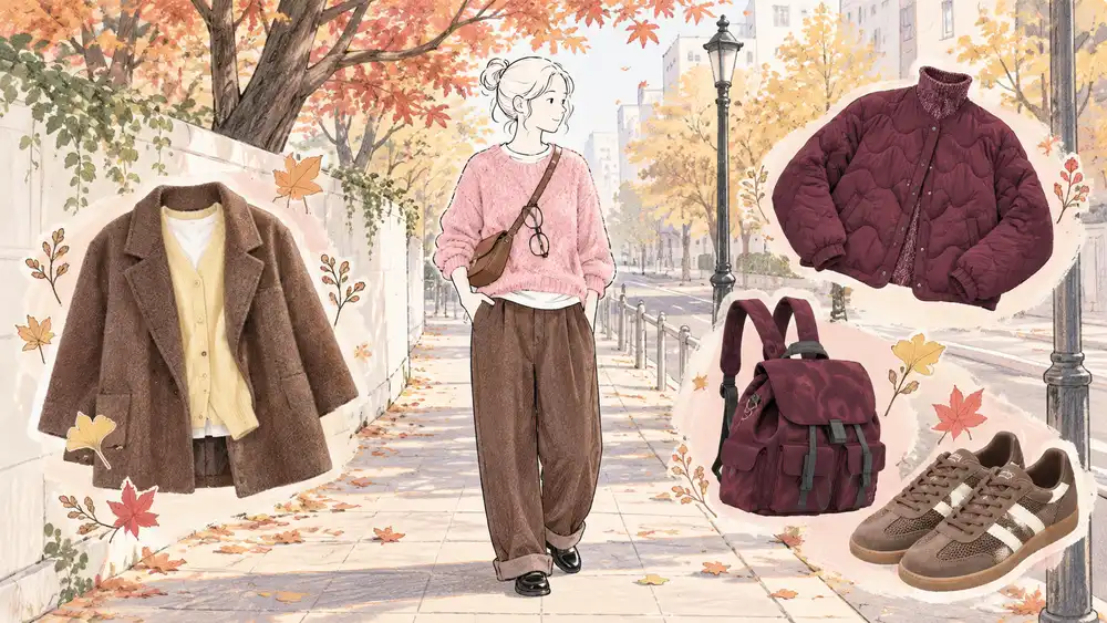 Illustration of a pink jumper with brown trousers on an autumn street, with burgundy and yellow accessories.