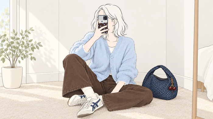 Illustration of a woman in a powder blue cardigan and brown trousers sitting on a light carpet and taking a phone selfie, with a dark blue bag beside her.