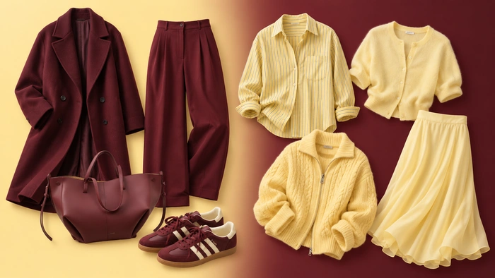Collage of butter yellow and cabernet autumn outfit pieces arranged on a two-tone background.
