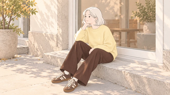 Illustration of a woman in a soft yellow knit and chocolate brown trousers seated outdoors in a simple autumn city setting.