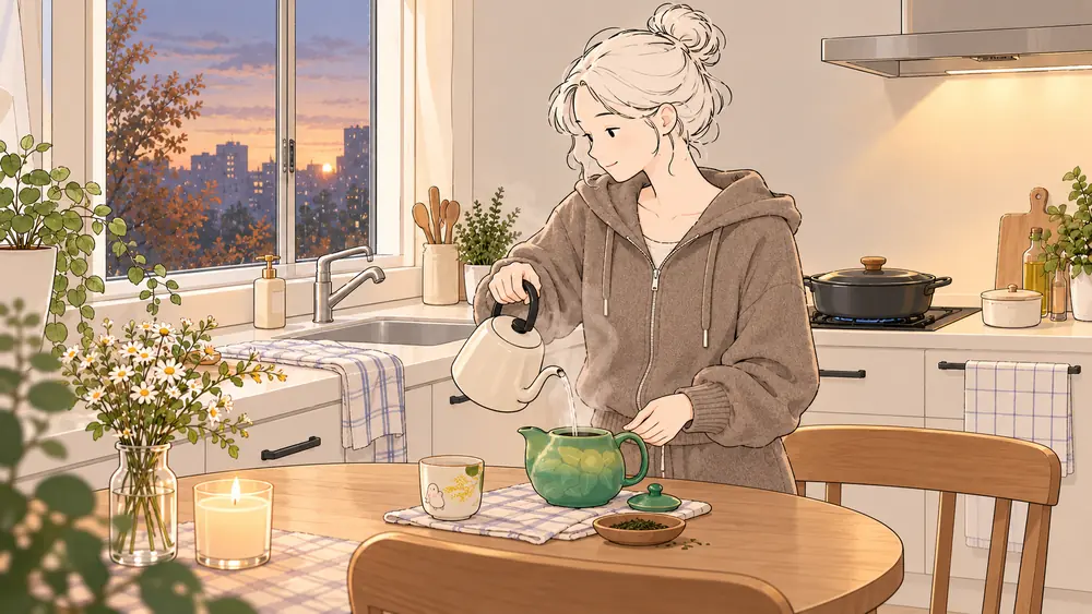 Illustration of a woman in soft homewear pouring water into a green teapot in a cozy kitchen on a dark autumn morning, with a Japanese-style teacup nearby.