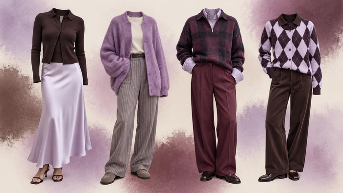 Editorial collage of lavender outfits paired with burgundy, plum and brown autumn tones.