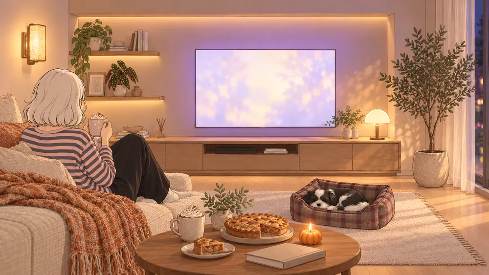 Illustration of a woman enjoying a low-key Halloween night at home with soft purple lighting, apple pie and a small pumpkin candle.