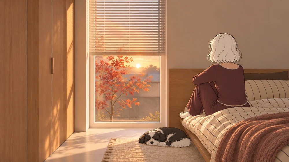 Illustration of a woman sitting on her bed facing a sunrise-lit window on a dark autumn morning, with a small black-and-white Shih Tzu sleeping beside the bed.