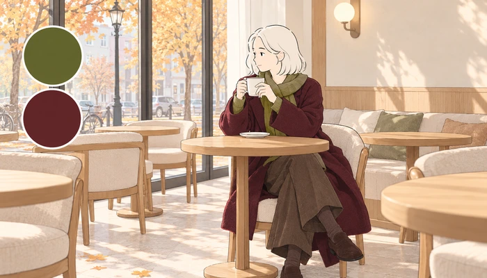 Illustration of a woman in an olive green knit and burgundy coat sitting in a cafe with brown trousers and matching colour circles.