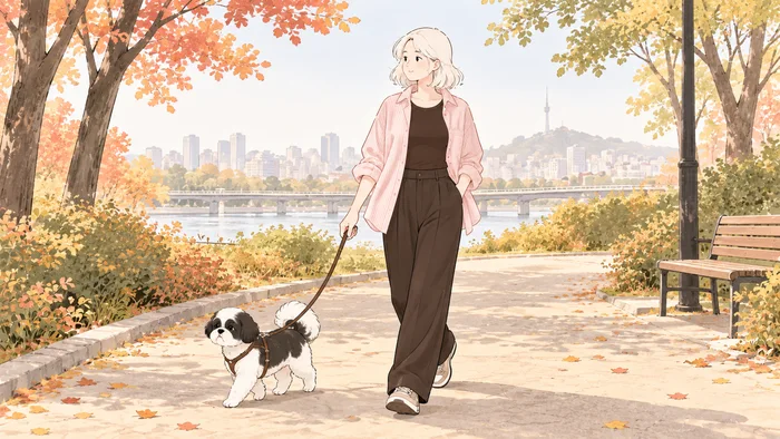 Illustration of a woman in a pastel pink shirt and dark brown trousers walking a black-and-white Shih Tzu through an autumn park.