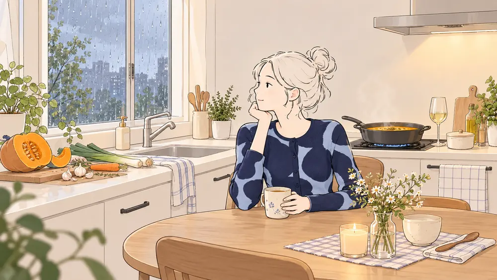 Illustration of a woman sitting in a cozy kitchen on a rainy weekend while pumpkin soup cooks on the stove.