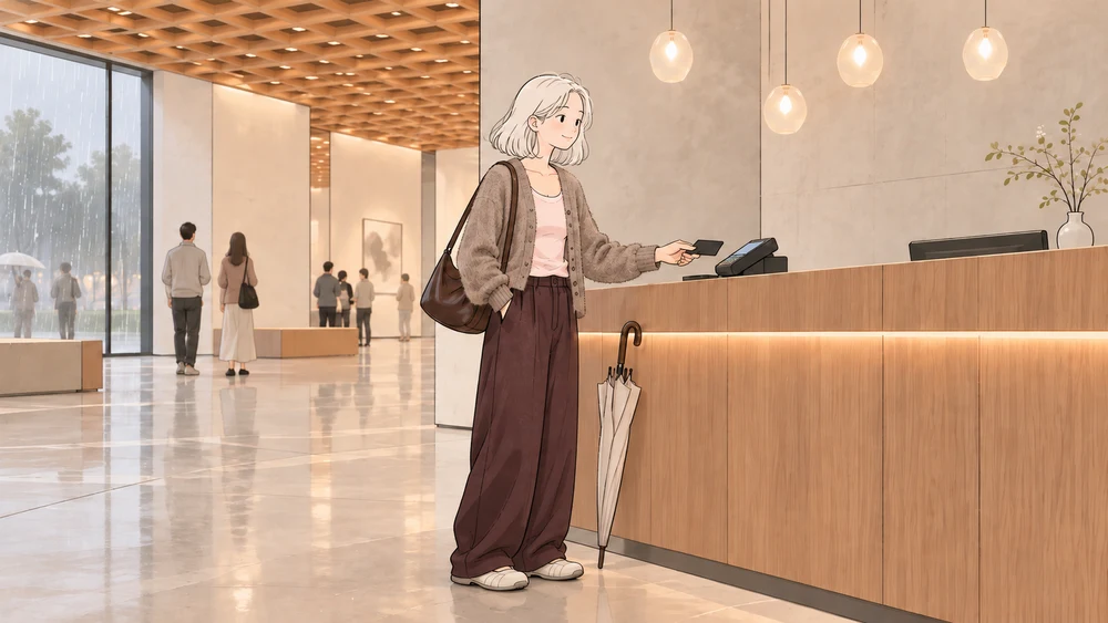 Illustration of a woman buying a museum ticket during a rainy weekend outing.