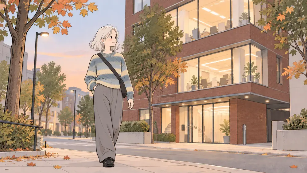 Illustration of the Honey Bento girl leaving a modern office in early evening, wearing a striped knit sweater as maple leaves begin to change.